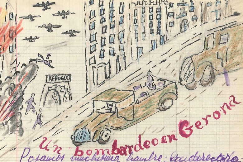 Drawing of planes flying over buildings, which are on fire and several green trucks driving by the buildings.
