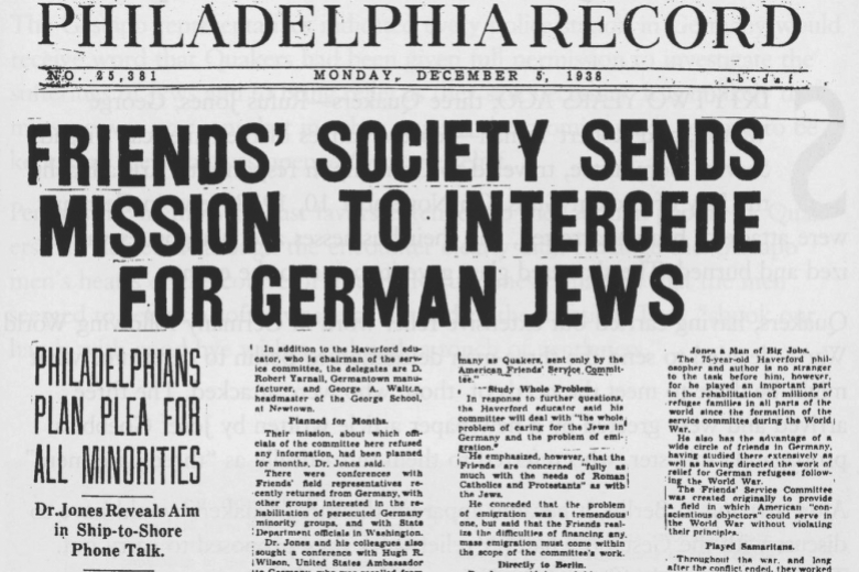 Picture of the front page of a newspaper with the headline "Friends' society sends mission to intercede for German Jews"