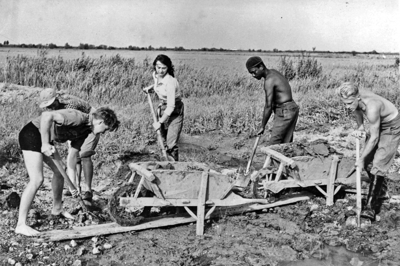 Group of men and women digging in a field with wheelbarrows.