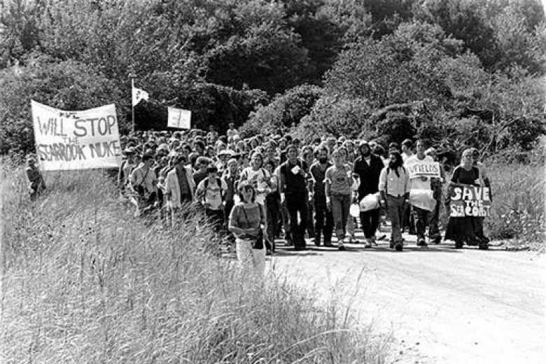 Group of protesters march together on a road through tall grass holding signs with messages against nuclear power plant construction