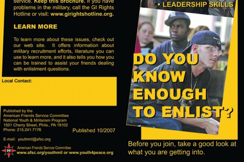 Image from a pamphlet describing what young people should know about military recruiters and how to protect themselves.