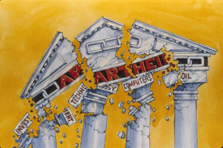 Illustration of a crumbling temple with the word "Apartheid" across the top, with "Investment," "Technology," "Computers," and "Oil" labeling columns.