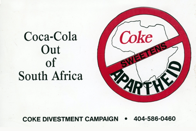 Graphic for the Coke Divestment Campaign that reads "Coke sweetens Apartheid." 
