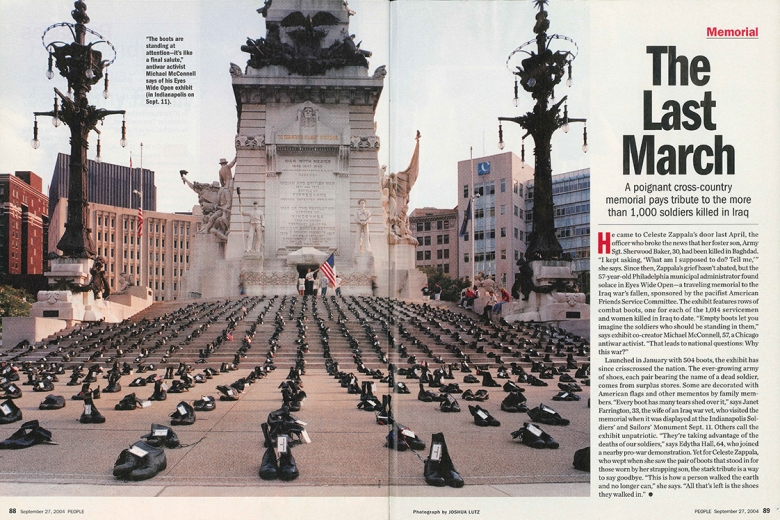 Magazine spread featuring lines of boots in front of a statue.