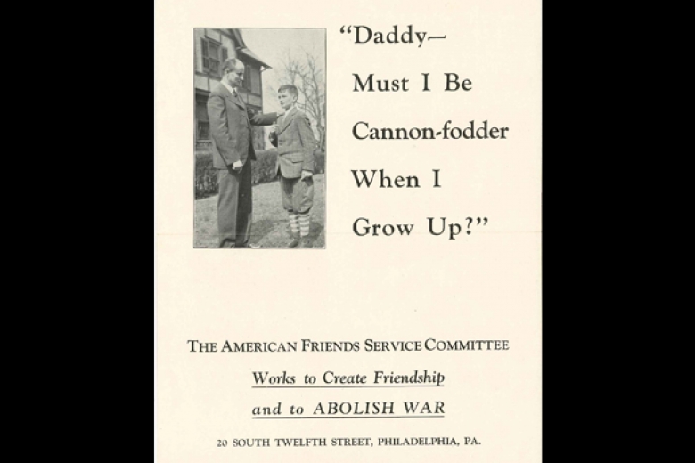 Cover of a publication by AFSC with a photo of a boy talking to a man and the quotation "Daddy--Must I be cannon-fodder when I grow up?"