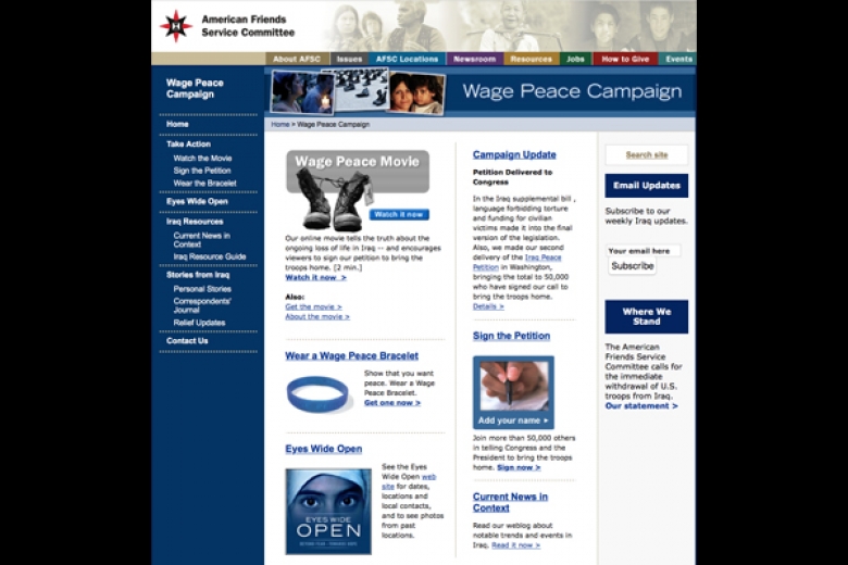 Screenshot of an old Wage Peace Campaign website.